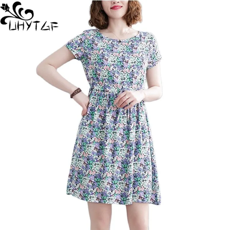 

Летнее платье UHYTGF, женская пижама с коротким рукавом, цветочный хлопковый Шелковый пуловер, Женская домашняя одежда 3XL, свободная Пижама размера 2382