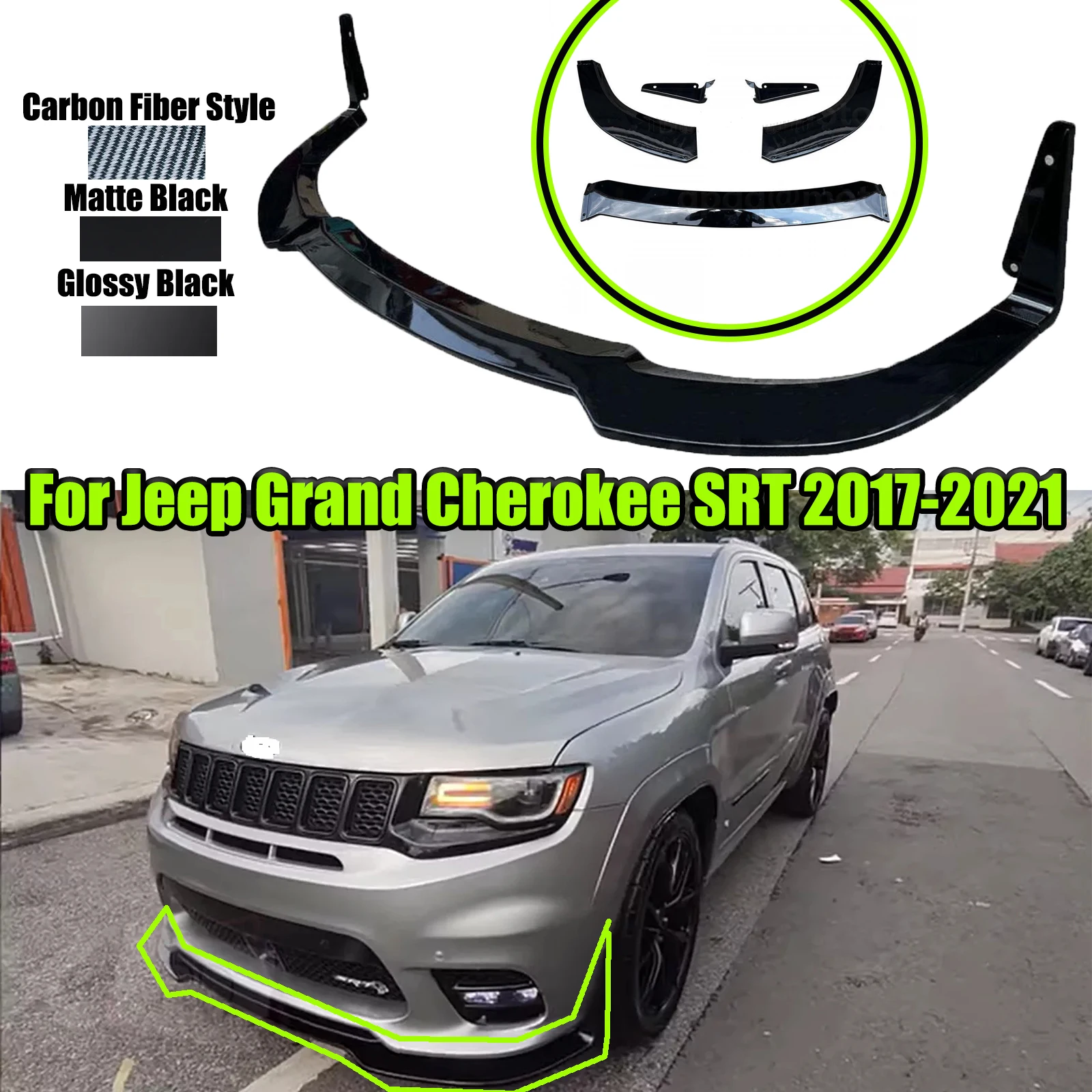 Separador de labios de parachoques delantero de coche, ala de arco para Jeep Grand Cherokee SRT 2017-2021, estilo de fibra de carbono, negro brillante, mate, 5 piezas