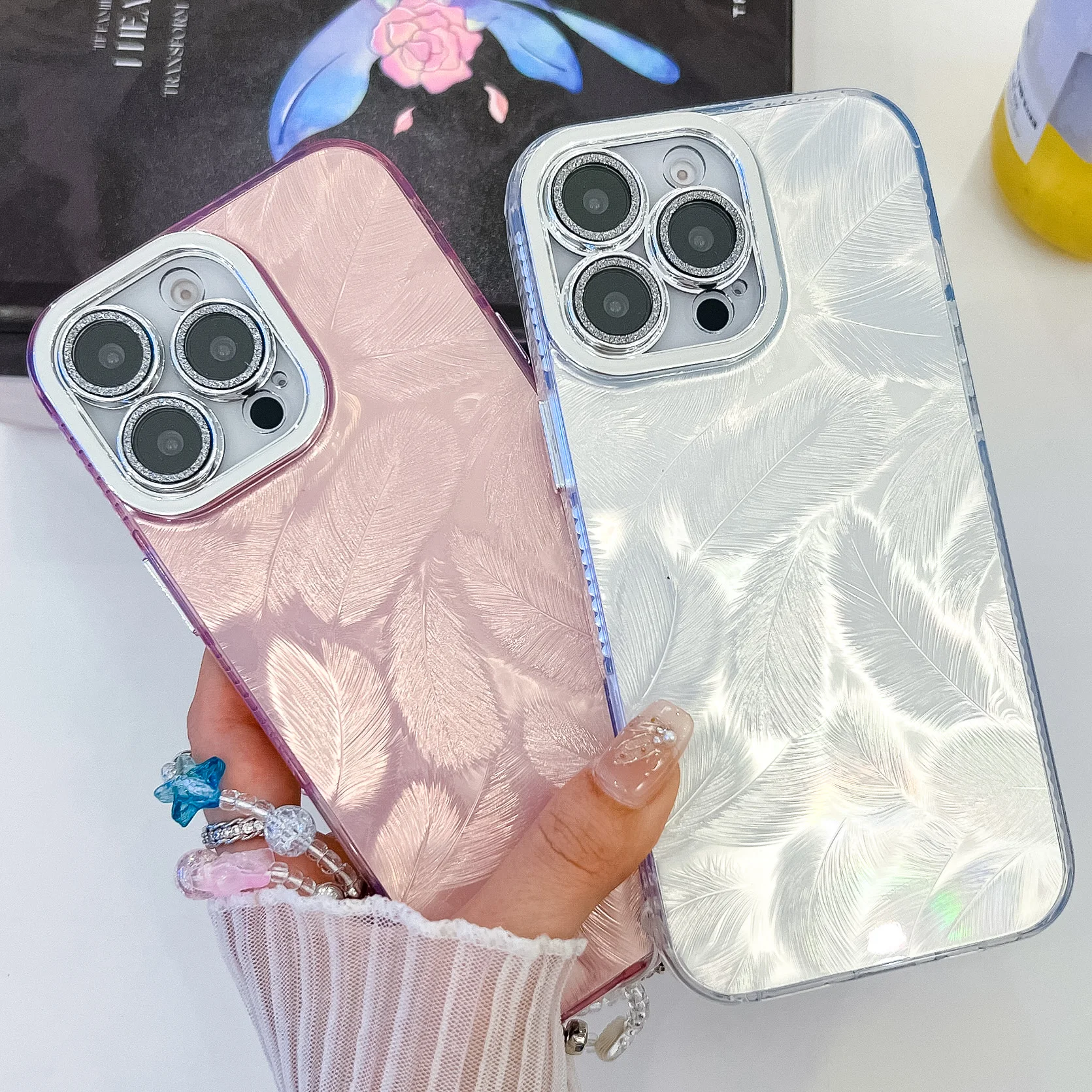 For Iphone 13 14 15 16 Pro Max Plus Samsung S23 S24 Plus Ultra Luxury Glitter Laser Feather Wrist Chain Phone Case Cover_voghion.com