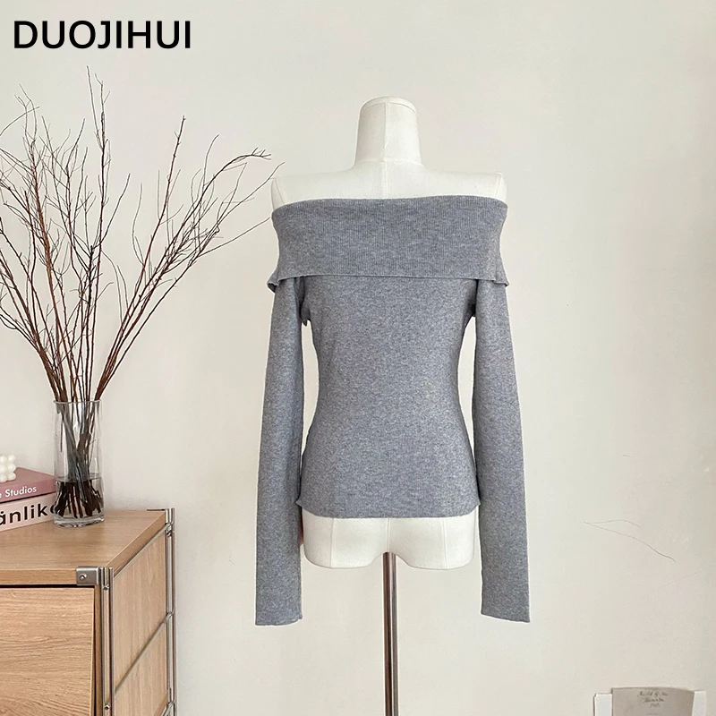 DUOJIHUI 그레이 시클리 슬래시 넥 슬림 여성 가디건, 긴 소매 싱글 브레스티드, 단색, 스위트 여성 가디건, 가을 패션