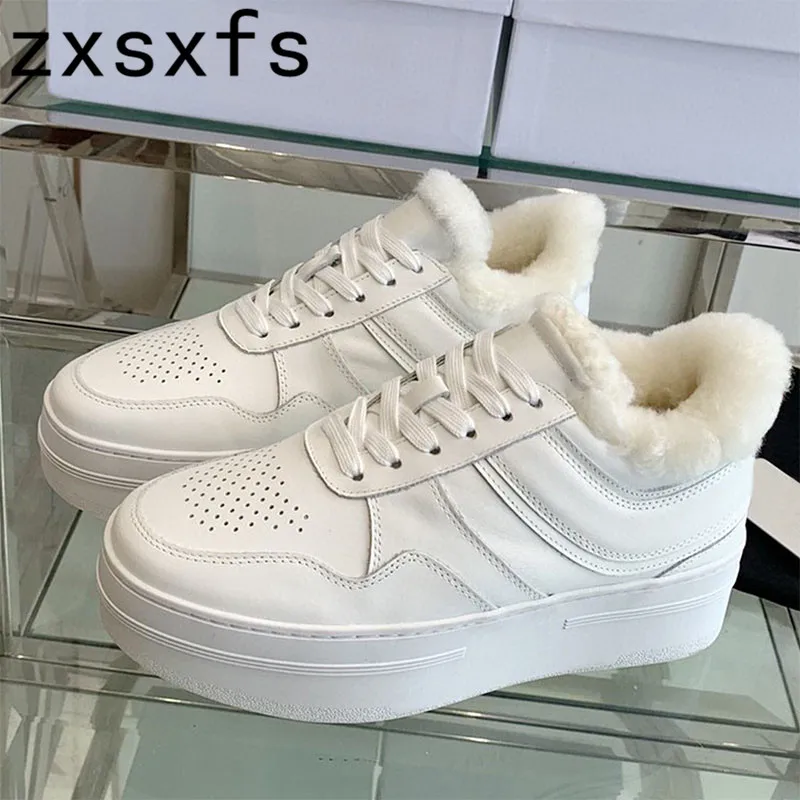 

2022 Winter New High Quality Genuine Leather Inside Fur Platform Flats Shoes Women Lace Up Round Toe Warm Shoes Casual Shoes