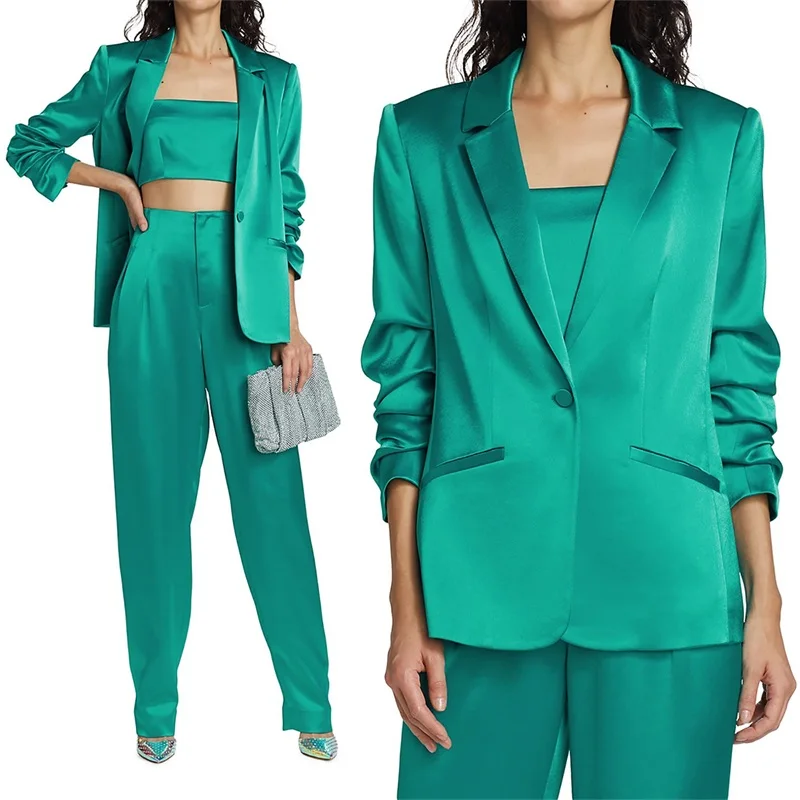 

Elegant 3 Pcs Women Suit Set Top+Blazer+Pants Silk Satin Jacket Prom Gown Formal Office Lady Coat Outfit Tailored Женский костюм