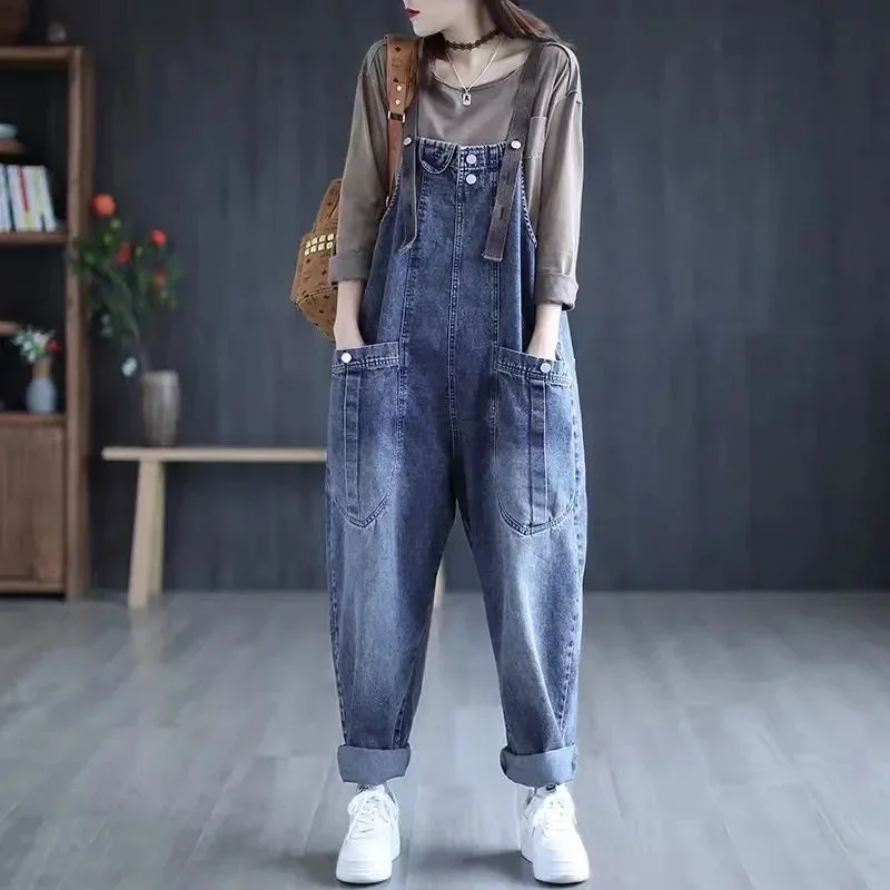 

Women Jeans Retro Big Pocket Jumpsuit Loose Denim Overalls Fashion Large Size Wide Leg Pants Casual Streetwear Drop Shipping