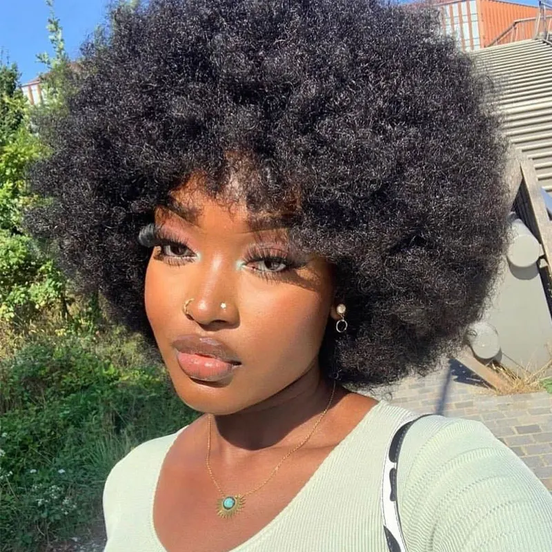 Fluffy Afro Kinky Curly Human Hair Wig With Thick Bang 70s Natural Short Bob Wigs For Black Women 180% Density Full Machine Hair