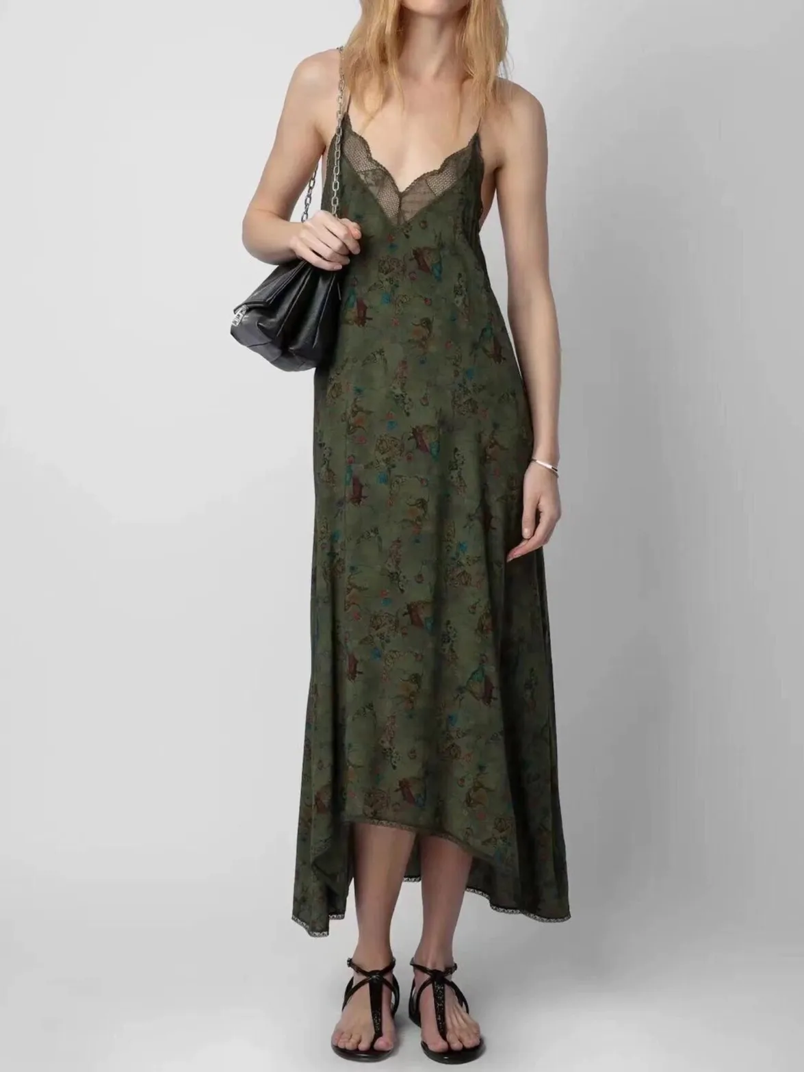 

Women's Sling Robe Animal Skull Floral Printed Lace Stitching V-Neck Sleeveless Vintage Summer 2024 100% Viscose Midi Dress