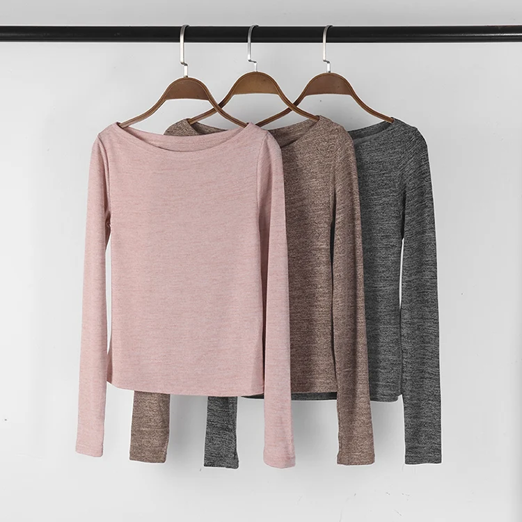 

Spring Autumn Women T shirts Long Sleeve Knitted Basic Tops Slash Neck Slim Female Dance Clothes
