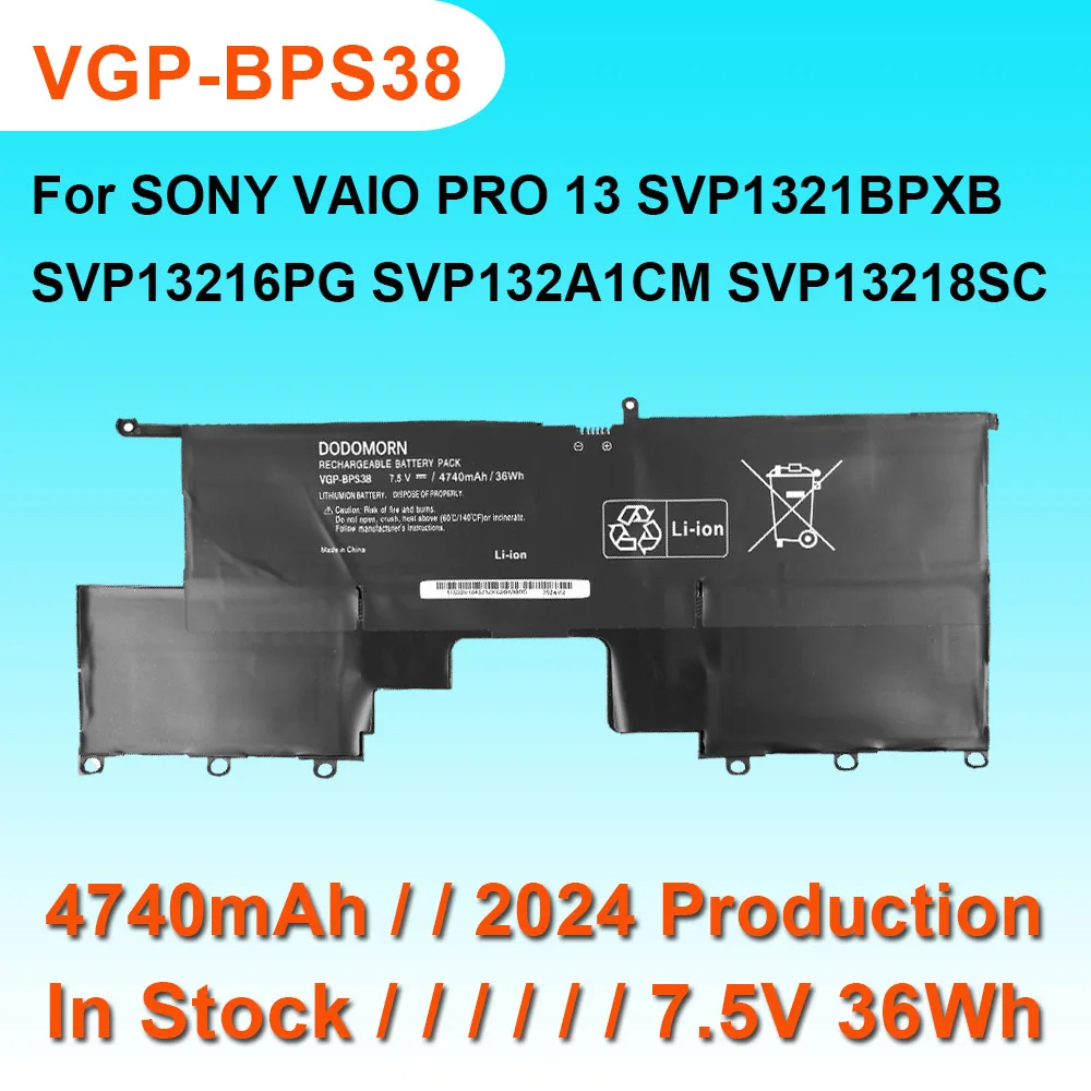 

Аккумулятор для ноутбука Sony Vaio Pro13 SVP1321BPXB SVP13216PG SVP132A1CM SVP11217SCS Series BPS38, 7,5 в, 36 Вт/ч, 4740 мАч