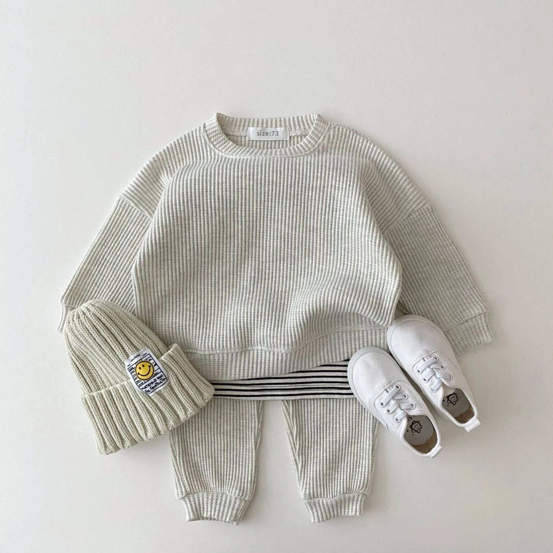 baby clothing set long sleeve	 Korean Baby Clothing Sets Waffle Cotton Kids Boys Girls Clothes Spring Autumn Loose Tracksuit Pullovers Tops+Pants 2PCS Sets baby clothing set line