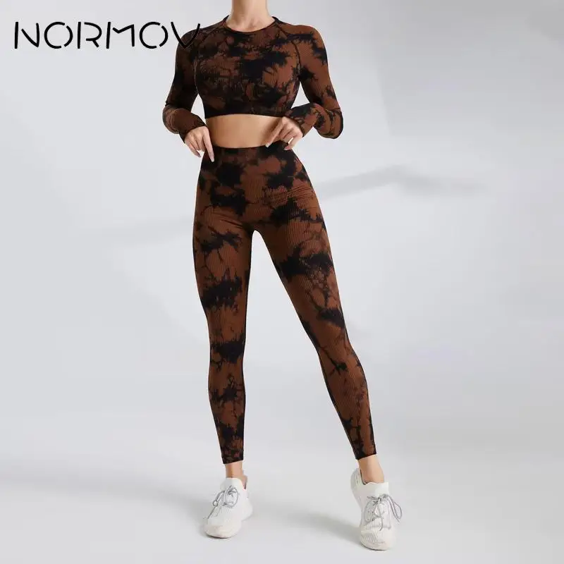 NORMOV 1/2Pcs Yoga Set Tie Dyeing Workout Set Seamless Gym Set