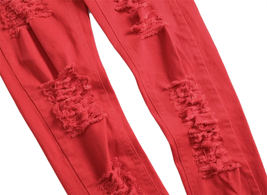 2025 New Men's Casual Jeans Trendy Red Hip Hop Holes Slim Denim Pants Ripped Trousers Versatile Stretch Distressed Pants Male 4