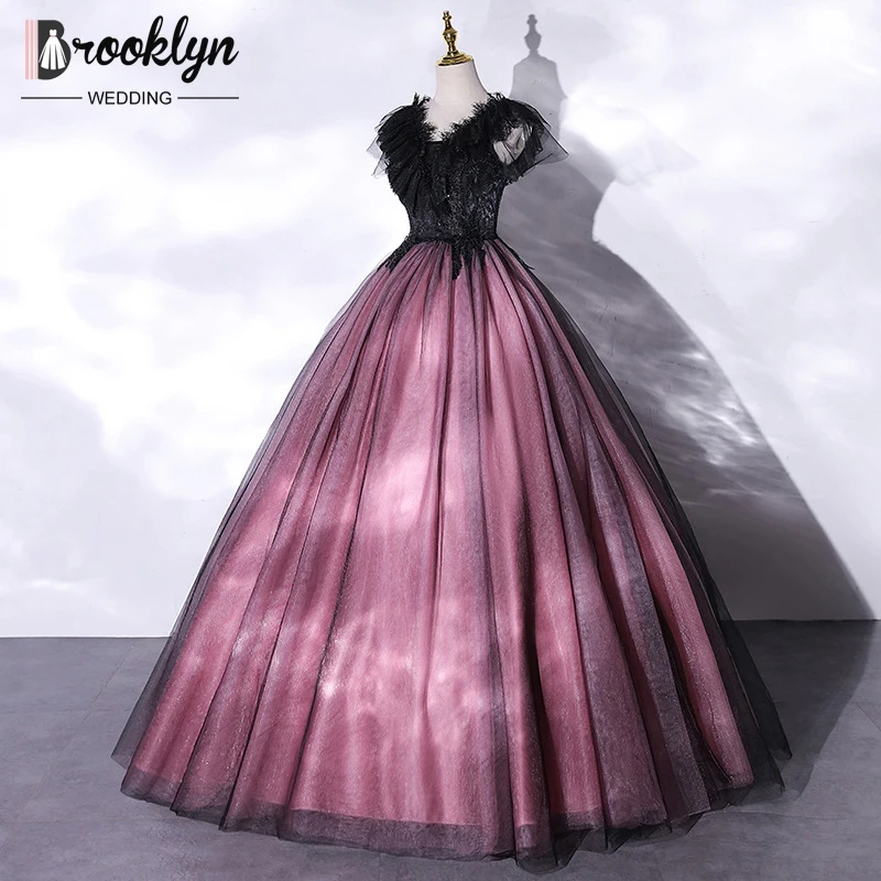 Purple And Black Sweet16 Quinceanera Dresses Strapless Lae And Tulle Princess Party Prom Gown Vestidos De 15 Años With Black Bow