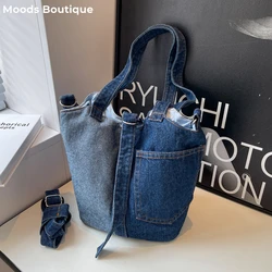 Washed Denim Fabric Shoulder Bucket Bags For Women 2023 Designer Handbags Colorblock Patchwork Crossbody Bag Large Capacity Tote