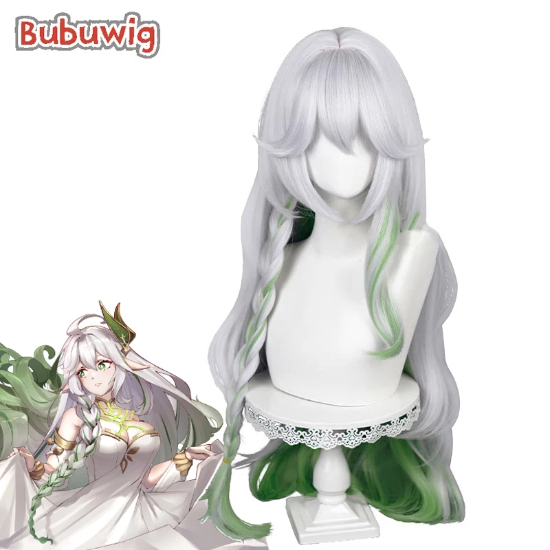 Bubuwig Synthetic Hair Genshin Impact The Greater Lord Rukkhadevata Cosplay Wigs 100cm Long Gray Mixed Green Wigs Heat Resistant
