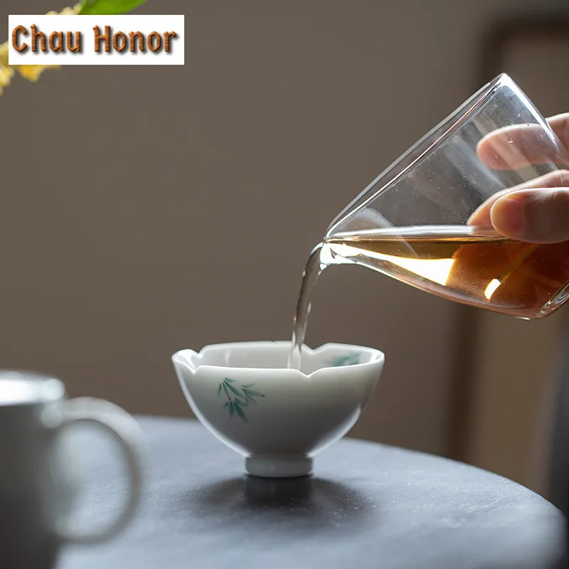 2pc/set 65ml Boutique Pure Hand Painted Art Bamboo Tea Cups Household Ceramic Master Cups White Porcelain Kung Fu Tea Bowl Set