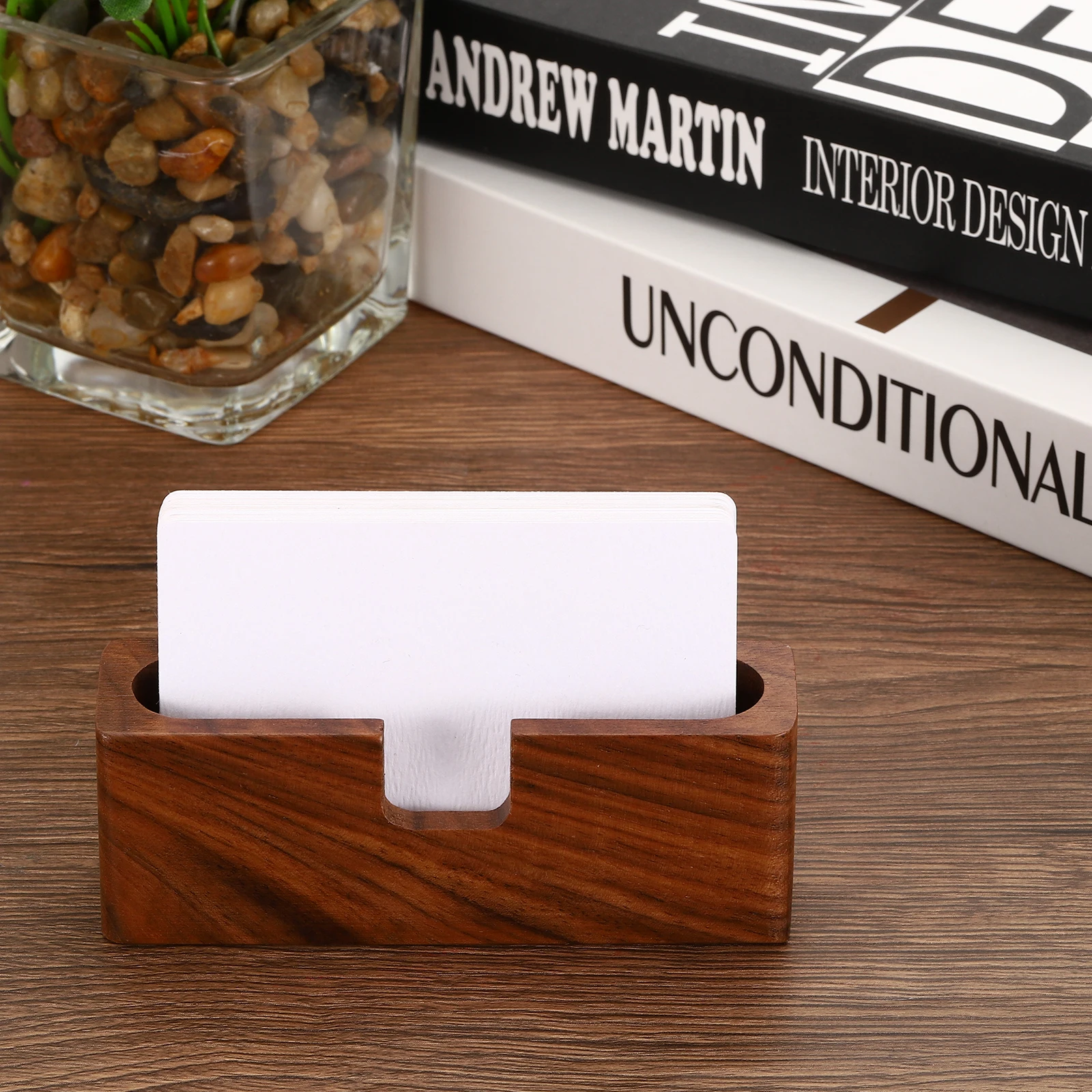 2Pcs Wood Desktop Business Card Holder Square Wooden Card Stand Organizer Cards Display for Office Exhibition Office Supplies