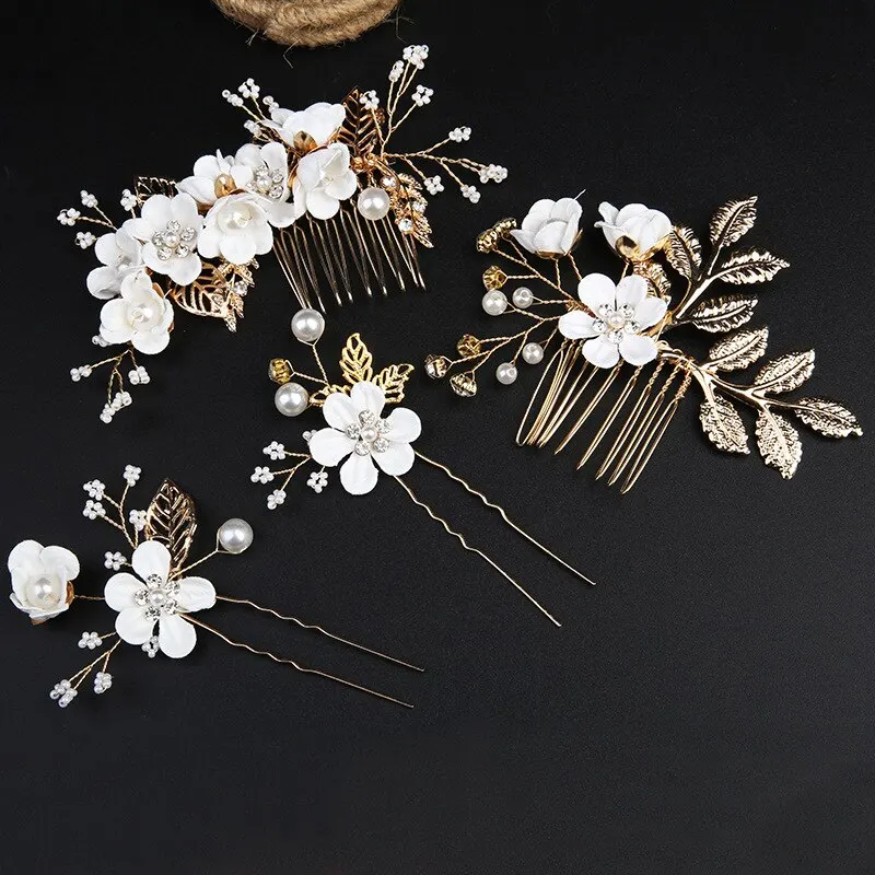 Bridal Hair Accessories European Gold Leaf Plate Handmade 4-piece Set Bride Crown Flowers Comb