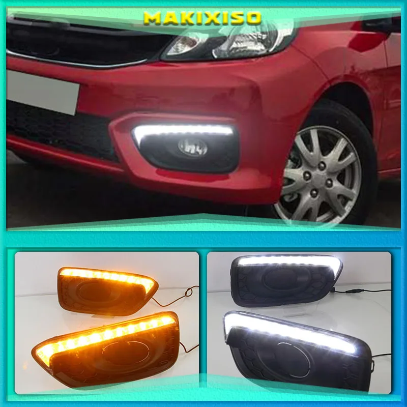 

2Pcs DRL For Honda Brio 2016 2017 Car 12V LED Daytime Running Light Fog Lamp cover daylight ABS with Yellow turn signal