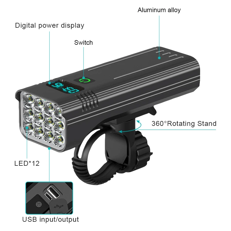 Luz delantera y trasera para bicicleta, faro potente de 5000LM, 8 LED,  10000mAh, recargable por USB