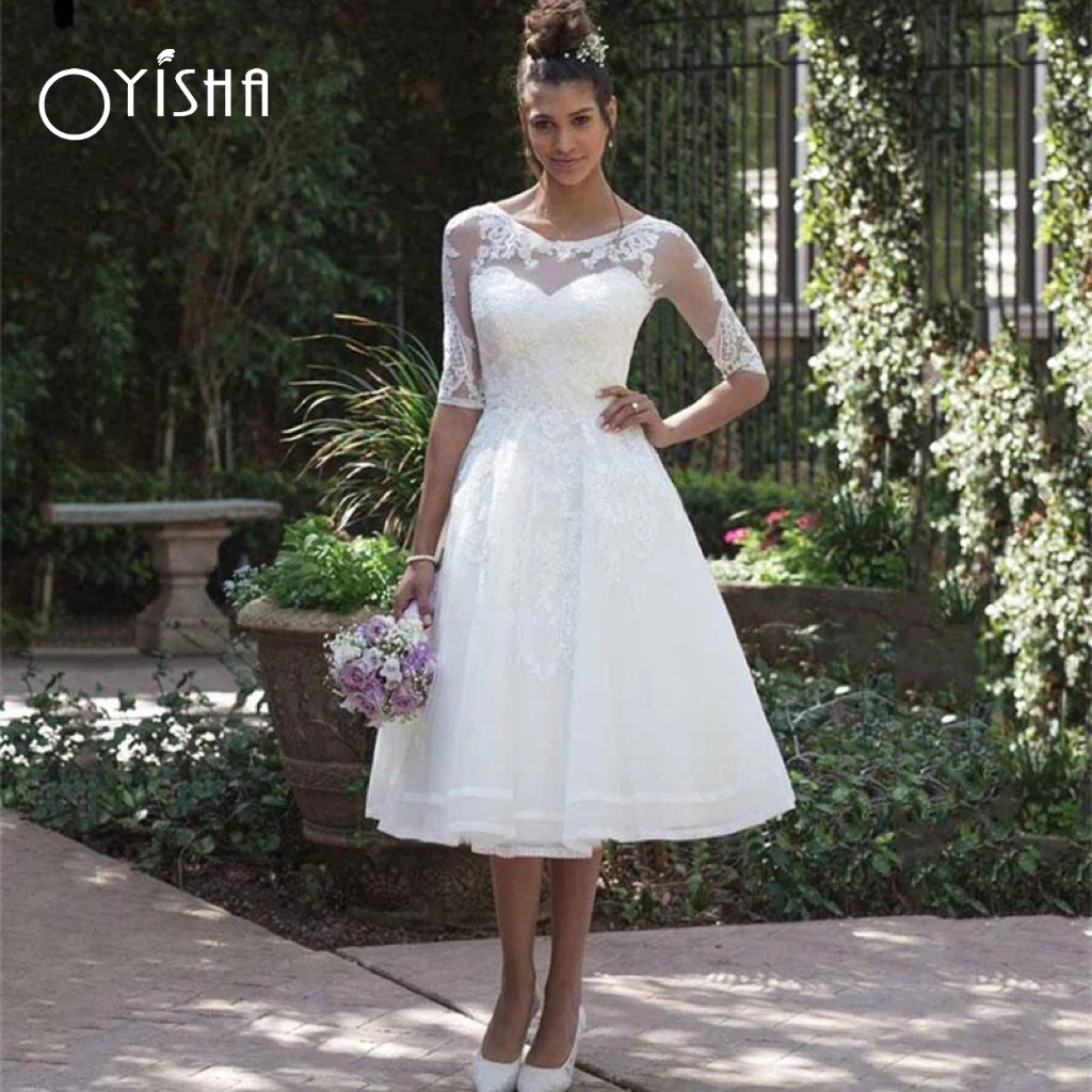 

OYISHA Short Wedding Dresses For Bride 2023 Garden Half Sleeve Bridal Gowns Lace Appliques A-Line Tea-Length Vestidos De Novia