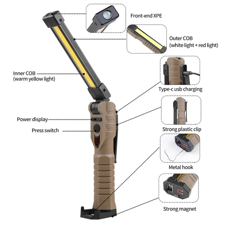 Description Picture 5 of itemPortable magnetic LED Work Light USB Rechargeable COB LED Foldable flexible Work Flashlight Emergency Inspection Work Lights