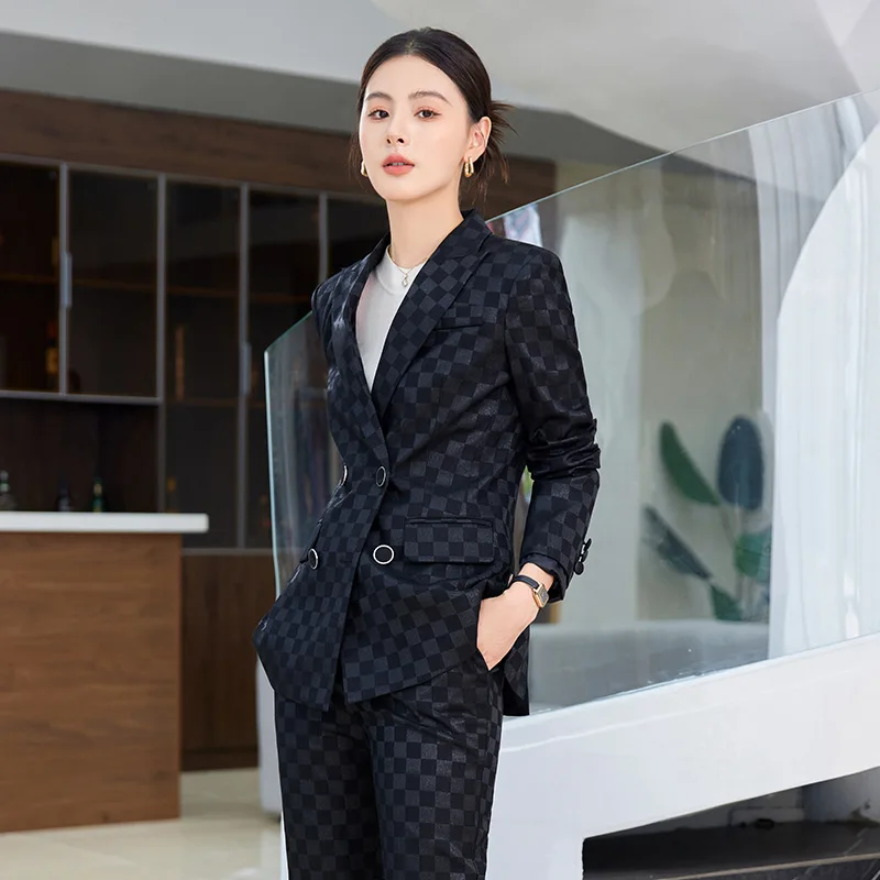 Tesco Casual Women Pantsuit 2PCS Double Breasted Blazer Flare Pant Plaid Suit Set Formal Office Lady Chic Business ropa de mujer