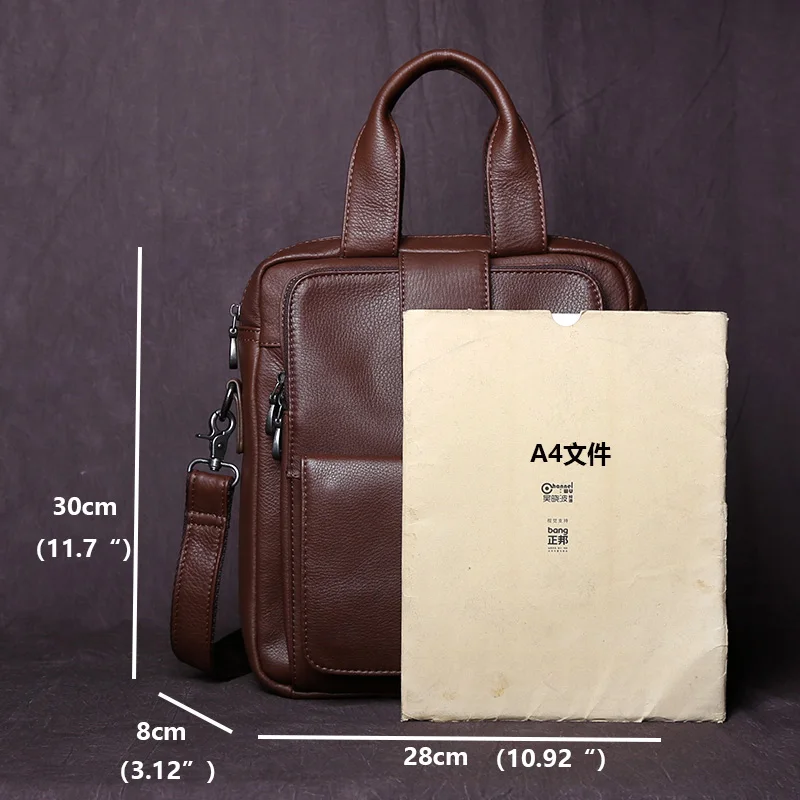 New Leather Men's Handbag Top Layer Cowhide Vertical Briefcase Retro Men's One-Shoulder Messenger Bag 12 Inch Ipad Bag NZPJ