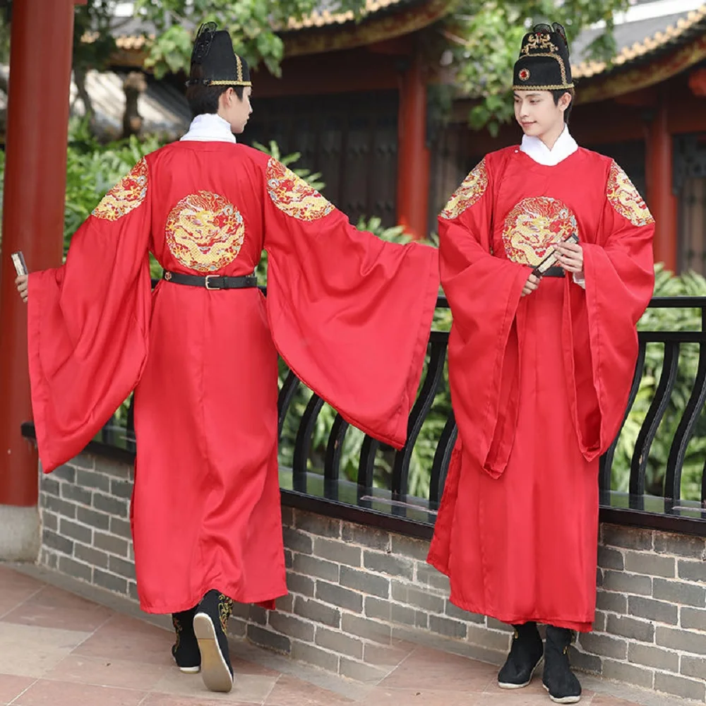 

Red male Hanfu long robe Ming system round collar robe Emperor heavy industry embroidery Chinese style ancient style