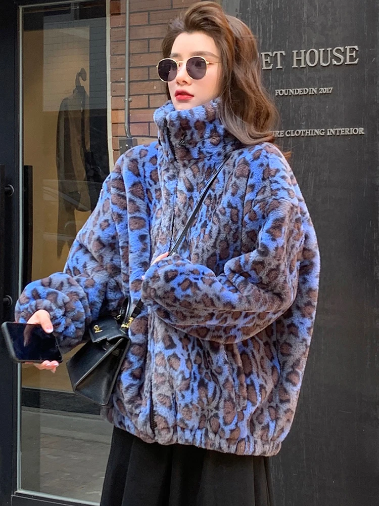 

Winter Oversized Colorful Leopard Print Faux Fur Coat Women Long Sleeve Zip Up Warm Soft Fluffy Jacket Korean Fashion
