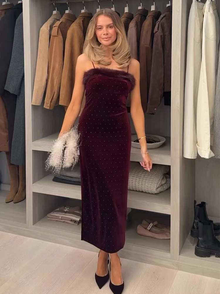 Women Off The Shoulder Evening Dress Elegant Velvet Faux Fur Spliced Light Luxury Party Dresses Chic Beading Slim Sling Dress