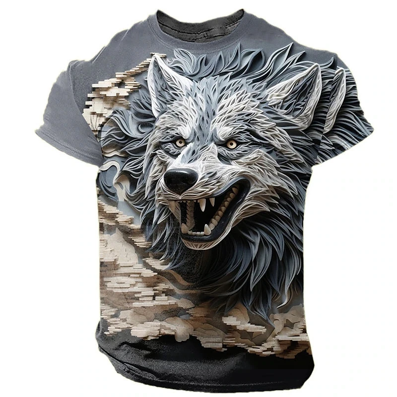 Men’S O Neck T-Shirt 3d Wolf Print Trendy Short Sleeve Tees Oversized Streetwear Casual Pullover Male Basic Harajuku Clothing