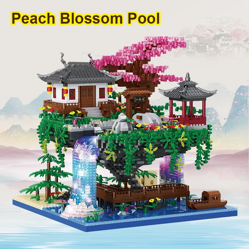 

3320 Pcs Tree House Mini Diamond Block Particle Peach Blossom Pool Traditional With Light Chinese Architecture Building Blocks