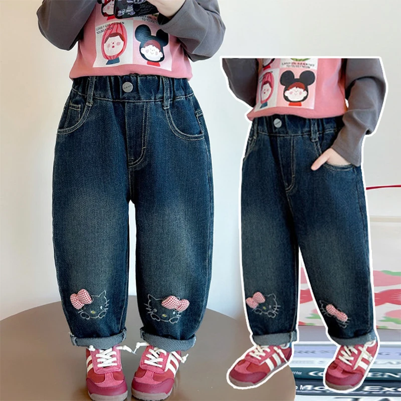 سراويل جينز للفتيات للربيع والخريف، سراويل كاجوال فضفاضة مستقيمة على شكل كارتون هيلو كيتي للأطفال من عمر 2 إلى 8 سنوات، ملابس أطفال