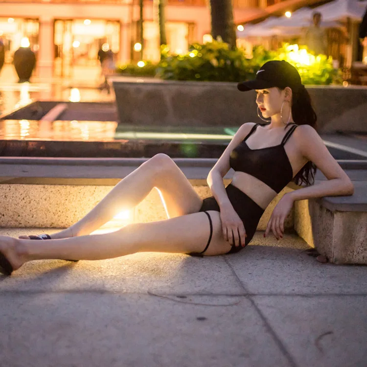 Letter Simplicity Sexy Korean Style Three-Piece Suit High Waist Covering Belly Thin Split Triangle Swimsuit for Women