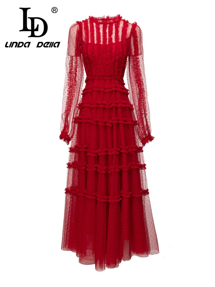 

LD LINDA DELLA 2023 летнее модное дизайнерское платье женское Красное Облегающее платье в горошек с круглым вырезом и высокой талией