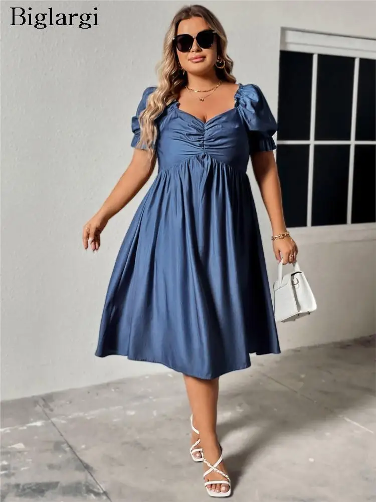 

Plus Size Summer Midi Dress Women Elegant Pleated Ruffle Fashion Ladies Dresses Casual Loose Woman Dress 2023