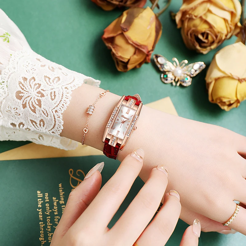 Womens Watch Fashion Rhinestone Rectangle Women's Watch Leather Band Quartz Watches