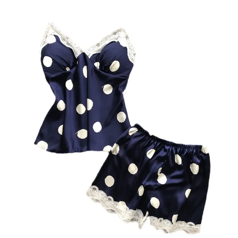 Polka Dot Print Satin & Lace Cami Shorts Set with Built-in Soft Padded – Top-Rated Women's Loungewear in Europe & America 5