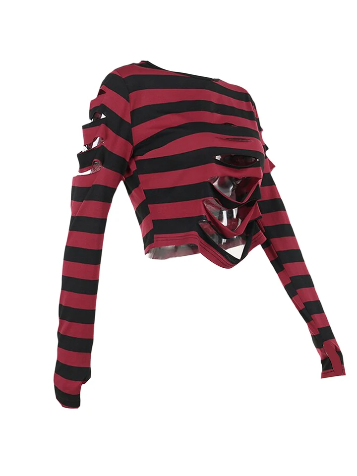 Women Gothic Ripped Crop Tops Goth Punk Long Sleeve Striped Women Gothic Ripped Crop Tops Goth Punk Long Sleeve Striped