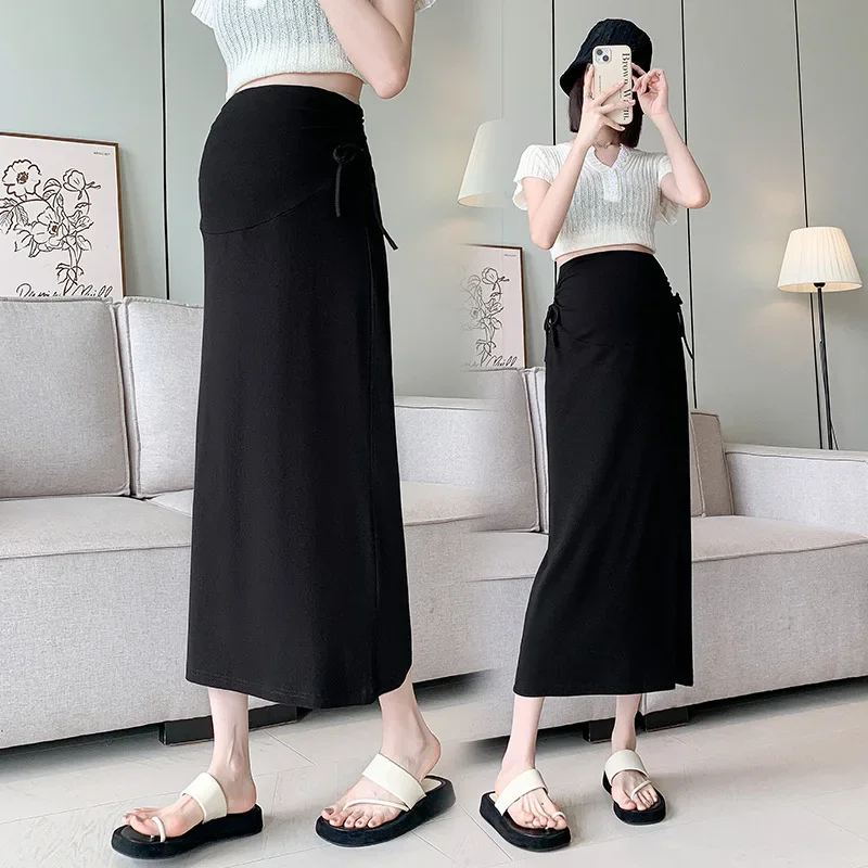 Maternity High Waist Straight Cut Thin Knitted Half Skirt with Drawstring for Summer Fashion Slimming Belly Bump Design