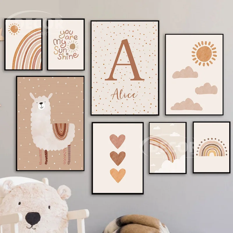 

Custom Name Poster Boho Canvas Painting Alpaca Prints Rainbow Cloud Posters Nordic Nursery Wall Art Pictures Baby Room Decor