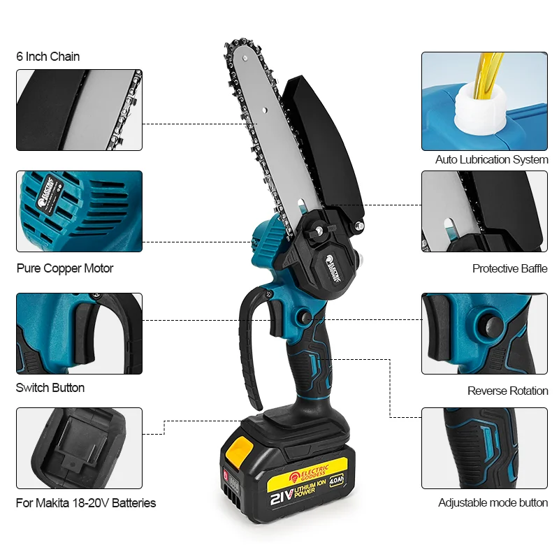 Mini chainsaw 1700RPM 6 Inch mini cordless electric chainsaw one hand portable fit for Makita 18V battery pin no battery
