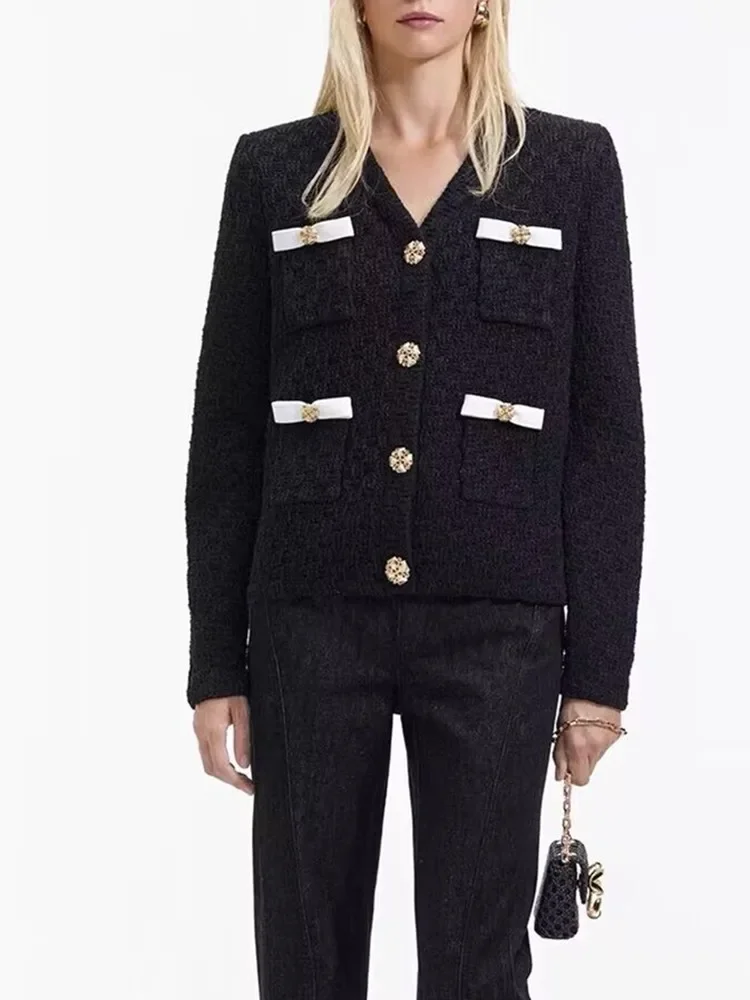 

Women Cardigan Contrast V-Neck Single Breasted Pockets 2024 New OL Knitted Jacket