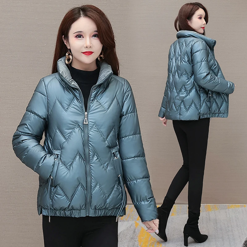 글로시 다운 코튼 패딩 코트, 여아 쇼트 겨울 새로운 스타일 스탠드 업 칼라 패딩 코튼 재킷, 캐주얼 루즈 여성 겉옷