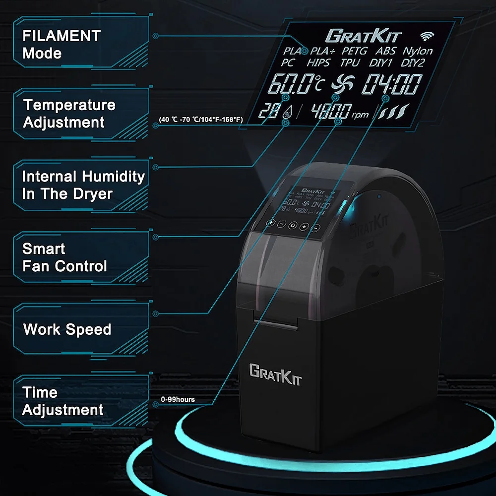 GratKit 반딧불 3D 필라멘트 건조기 상자, 투야 앱 제어, RGB 주변 LED 조명, 3D 인쇄 도구