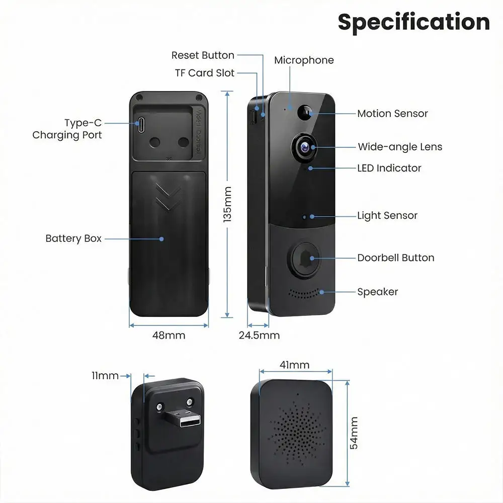 DB2 간편 설치 가정용 무선 와이파이 1080p 배터리 충전식 도어벨 인터폰 카메라 비디오 도어벨
