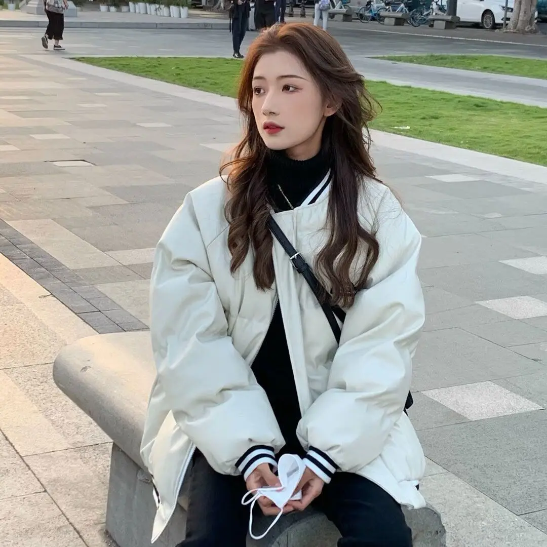 PU 가죽 야구 유니폼 여성용, 면 패딩 의류, 작고, 느슨하고, 두껍고, 따뜻하고, 홍콩 스타일