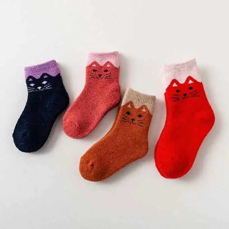 Cute Cat Warm Baby Sock Retro European Style Calf Socks for Kids Boy Girl Autumn Winter Thermal Cotton Sock for 1-12 Year Kid
