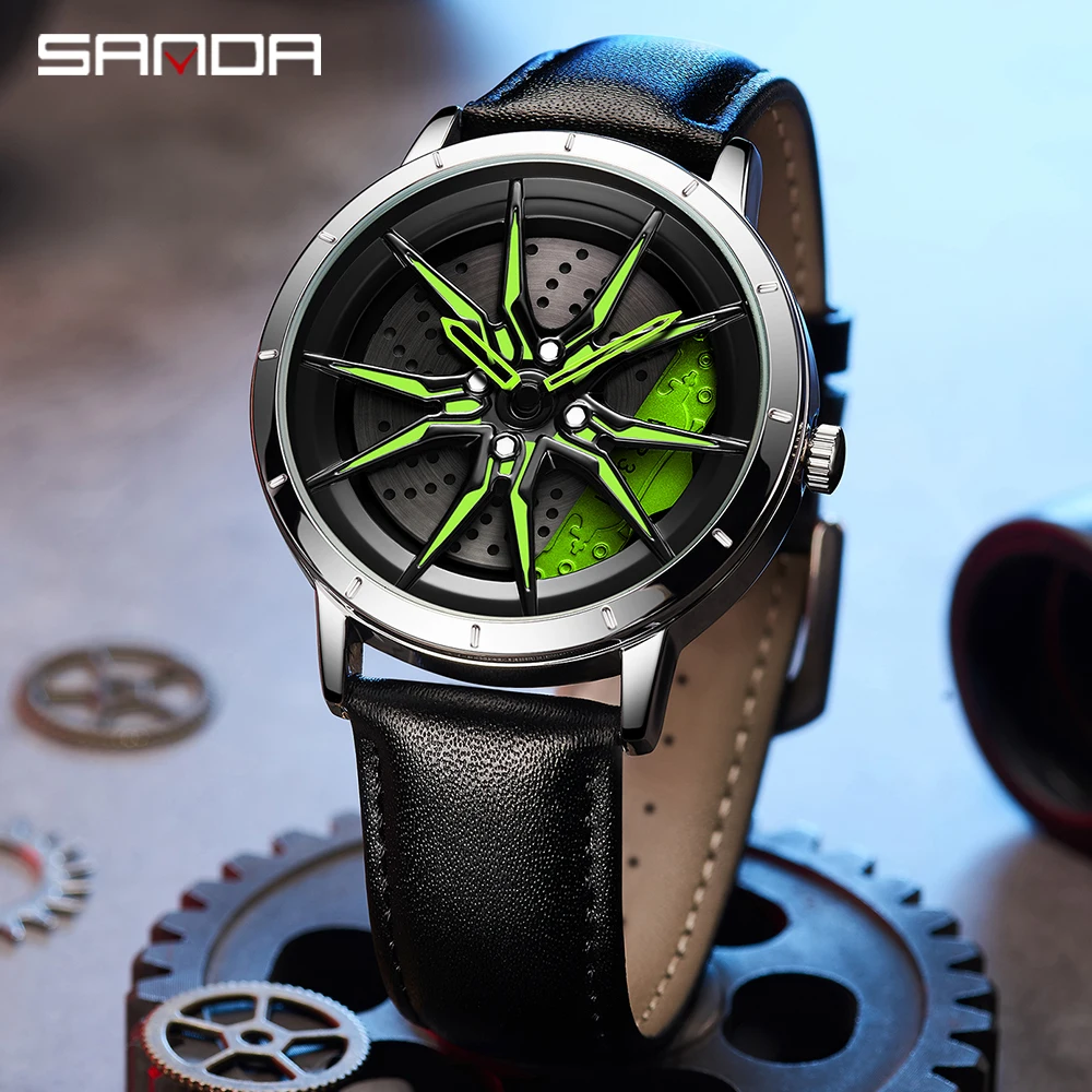 

Fashion Watches Mens Luxury Casual Leather Strap Sport Quartz Wristwatch Creative Design 360 Rotating Car Wheel Dial Clock Male