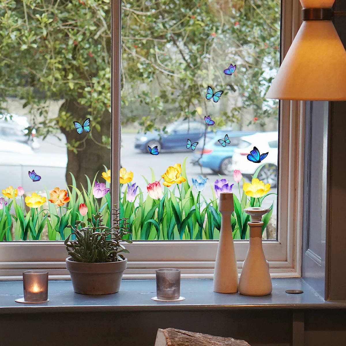 Colorful Tulip Butterfly Electrostatic Window Sticker Double Sided Visible Self-Adhesive Home Decor