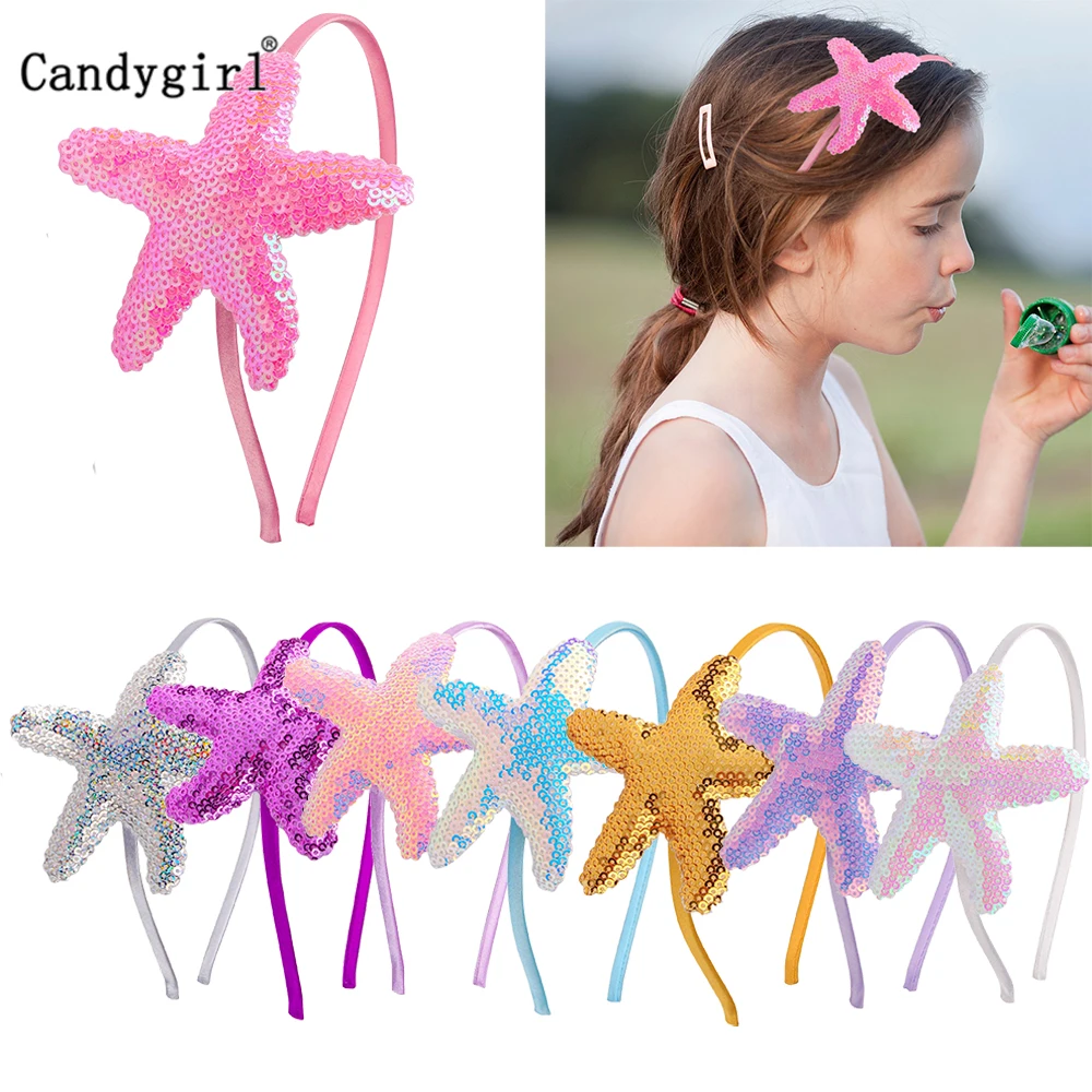 Girl Beach Sequins Starfish Princess Mermaid Headband Sparkly Bling Star Kids Hair Hoop Glitter Hairband for Birthday Party Gift